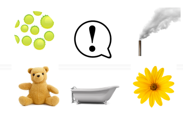 collage of potential asthma triggers such as pollen, smoke, pets.